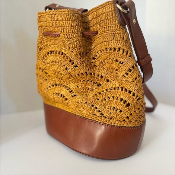 Sezane Alma Bucket Bag Ochre Raffia Leather Brown Shoulder Crossbody Purse Rare - Picture 10 of 16